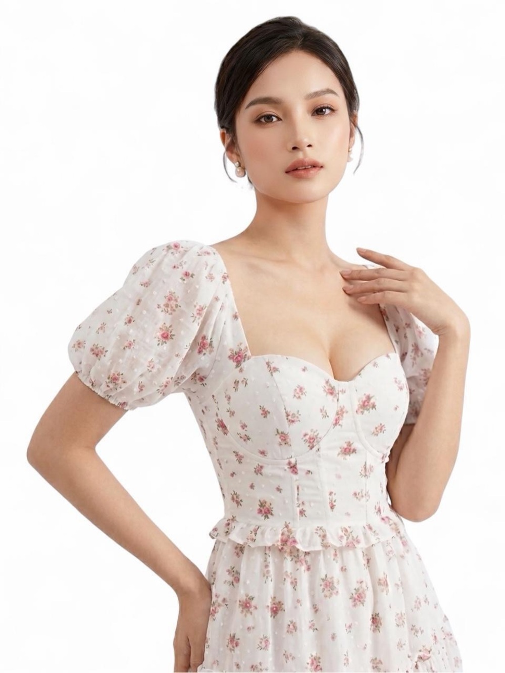 Altar'd State White Floral Smocked Top with Pink and Green Accents